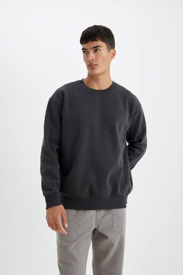 Oversize Geniş Kalıp Bisiklet Yaka Kalın Basic Düz Sweatshirt