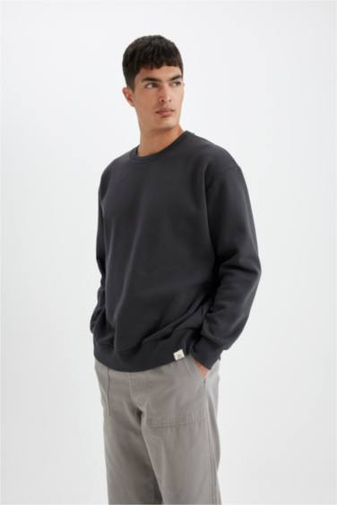 Oversize Geniş Kalıp Bisiklet Yaka Kalın Basic Düz Sweatshirt