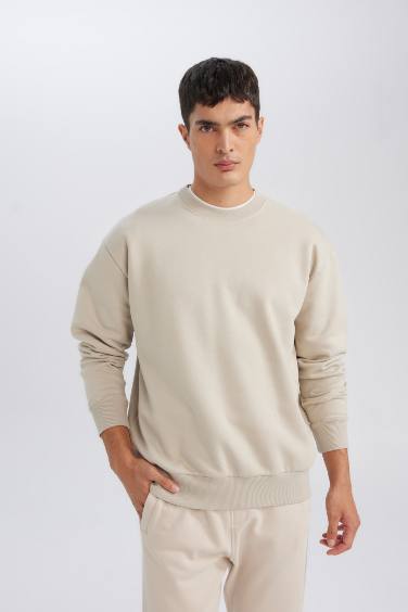 Oversize Geniş Kalıp Bisiklet Yaka Kalın Basic Düz Sweatshirt