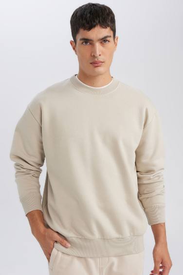 Oversize Geniş Kalıp Bisiklet Yaka Kalın Basic Düz Sweatshirt