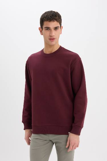 Oversize Geniş Kalıp Bisiklet Yaka Kalın Basic Düz Sweatshirt