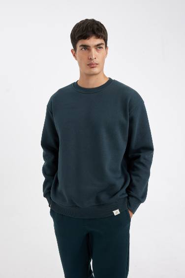 Oversize Geniş Kalıp Bisiklet Yaka Kalın Basic Düz Sweatshirt