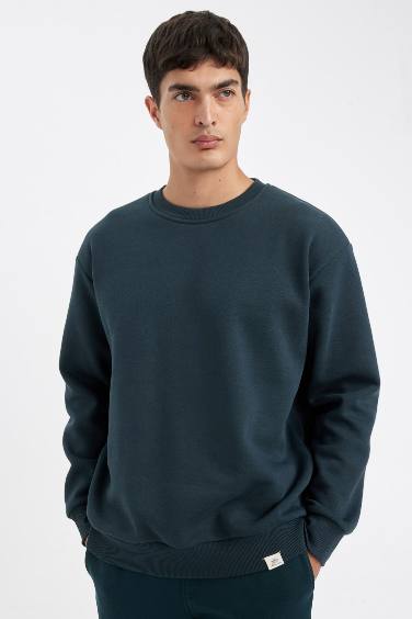 Oversize Geniş Kalıp Bisiklet Yaka Kalın Basic Düz Sweatshirt