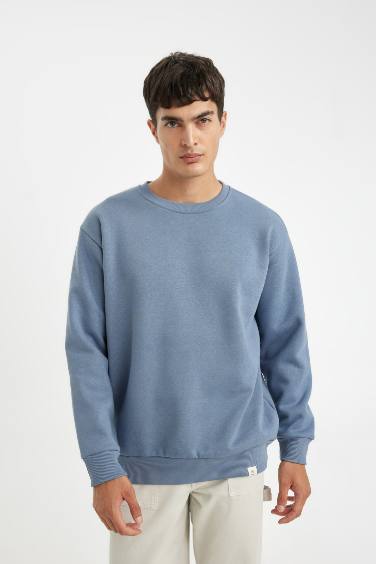 Oversize Geniş Kalıp Bisiklet Yaka Kalın Basic Düz Sweatshirt