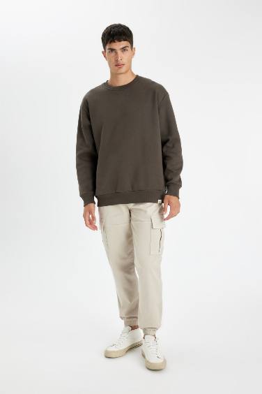 Oversize Geniş Kalıp Bisiklet Yaka Kalın Basic Düz Sweatshirt