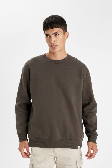 Oversize Geniş Kalıp Bisiklet Yaka Kalın Basic Düz Sweatshirt