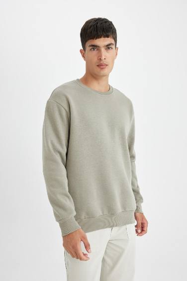 Oversize Geniş Kalıp Bisiklet Yaka Kalın Basic Düz Sweatshirt