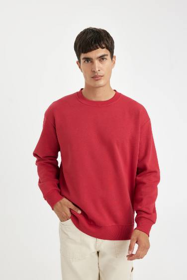 Kırmızı Oversize Fit Geniş Kalıp Bisiklet Yaka Kalın Kumaş Basic Düz Sweatshirt