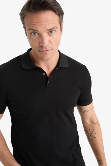 Slim Fit Dar Kesim Polo Yaka Kısa Kollu Dokulu Basic Düz Siyah Tişört