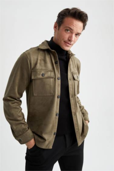 Regular Fit Polo Neck Suede Shirt Jacket