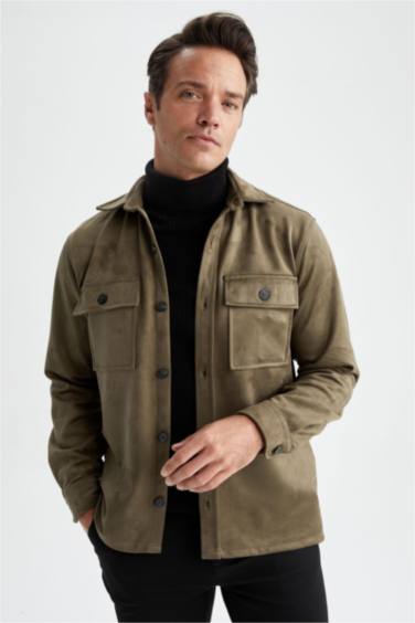 Regular Fit Polo Neck Suede Shirt Jacket