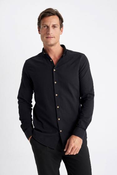 Modern Fit Buttoned Polo Collar Linen Look Cotton Shirt