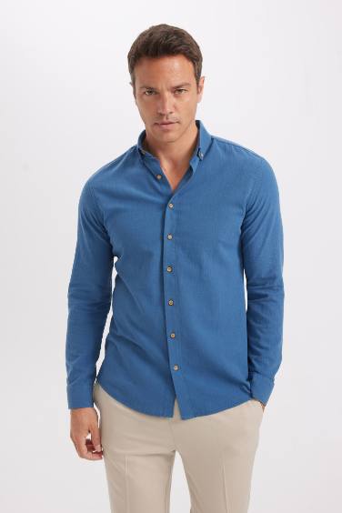 Modern Fit Buttoned Polo Collar Linen Look Cotton Shirt