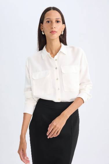 Regular Fit Shirt Collar Basic Textured Long Sleeve White Shirt