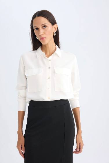 Regular Fit Shirt Collar Basic Textured Long Sleeve White Shirt