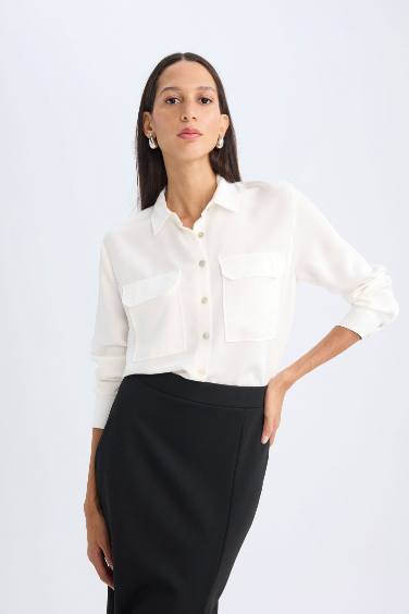 Regular Fit Shirt Collar Basic Textured Long Sleeve White Shirt