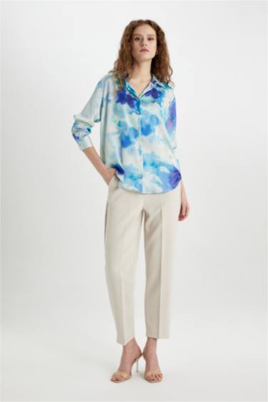 Oversize Geniş Kalıp Desenli Saten Uzun Kollu Gömlek