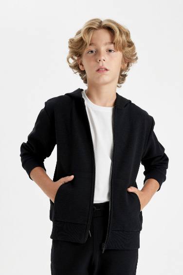 Boy Black Hooded Zippered School Cardigan