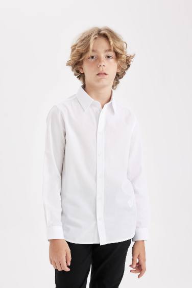 Chemise basique blanche à manches longues en popeline pour garçon