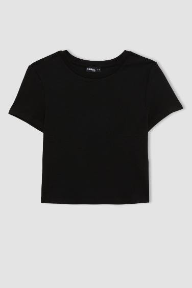 Fitted Crew Neck Ribbon Basic T-Shirt