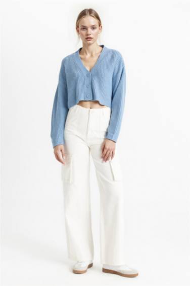 Regular Fit V Yaka Basic Düz Düğmeli Triko Hırka