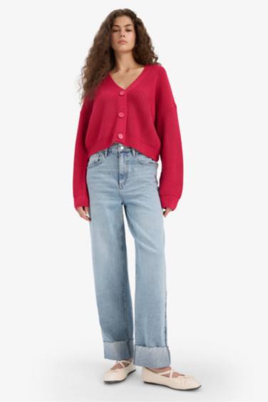 كارديجان قصة عادية بياقة V فوشية