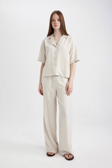 Oversize Fit Pyjamas Collar Linen Blended Short Sleeve Shirt