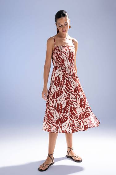 Slim Fit Strap Patterned Midi Dress