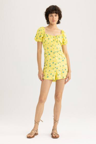 Heart Collar Printed Short Sleeve Jumpsuit