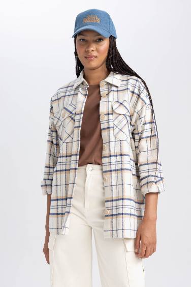 Oversize Fit Flanel Shirt Collar Long Sleeve Tunic