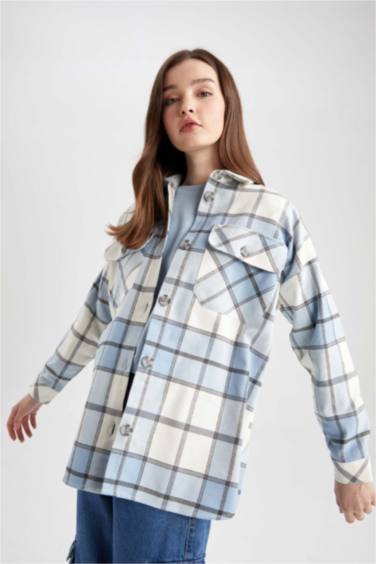 Shirt Collar Checked Flannel Long Sleeve Tunic