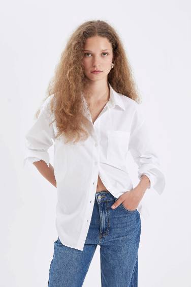 Oversize Fit Shirt Collar Poplin Long Sleeve Shirt