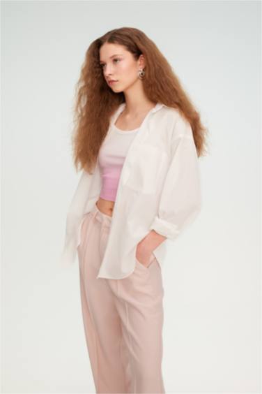 Chemise Oversize Popeline à Col Boutonné Manches Longues