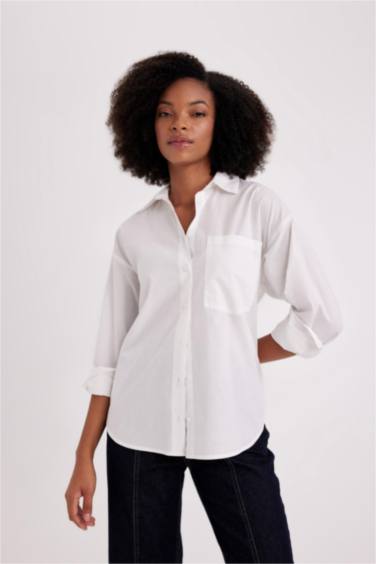 Chemise Oversize Popeline à Col Boutonné Manches Longues
