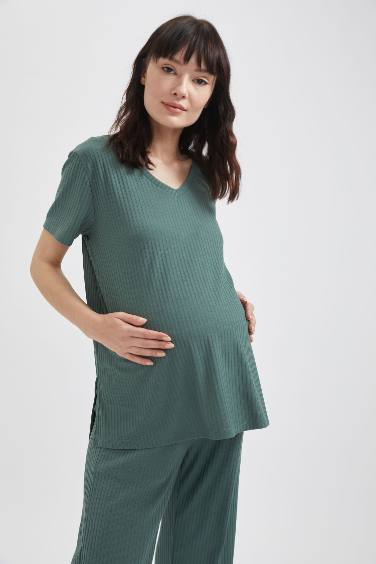 Basic Short Sleeve V-Neck T-Shirt And Trousers Maternity Pyjama Set