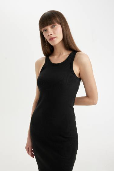 Bodycon Halter Yaka Fitilli Kaşkorse Basic Kolsuz Midi Elbise