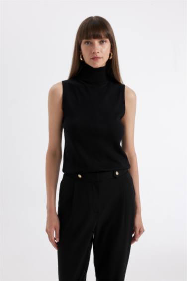 Pull en tricot basique noir à col roulé sans manches à coupe régulière pour Femme
