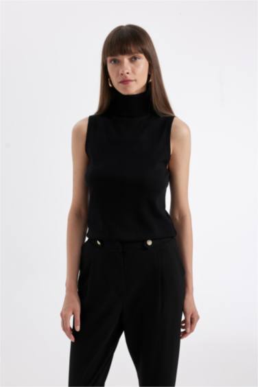 Pull en tricot basique noir à col roulé sans manches à coupe régulière pour Femme