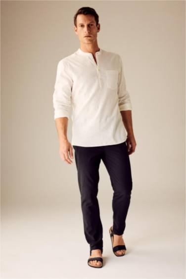 Slim Fit Dog Collar Cotton Long Sleeve Shirt