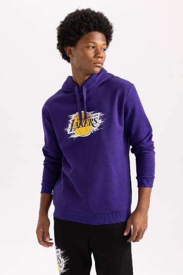 DeFactoFit NBA Los Angeles Lakers Boxy Fit Kapüşonlu Kalın Sweatshirt