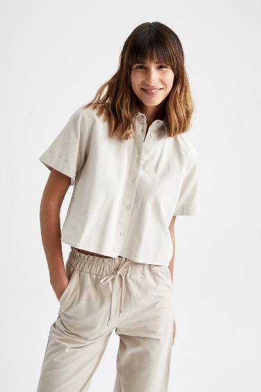 Crop Short Sleeve Linen Look Shirt