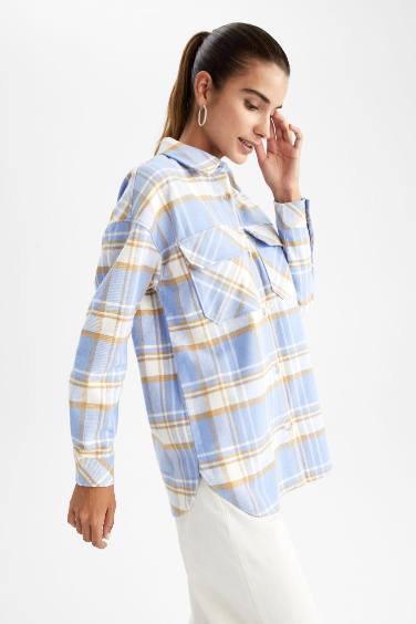 Oversize Fit Shirt Collar Flannel Long Sleeve Tunic