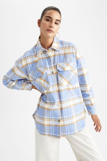 Oversize Fit Shirt Collar Flannel Long Sleeve Tunic