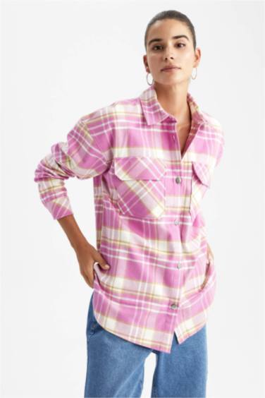 Oversize Fit Shirt Collar Flannel Long Sleeve Tunic