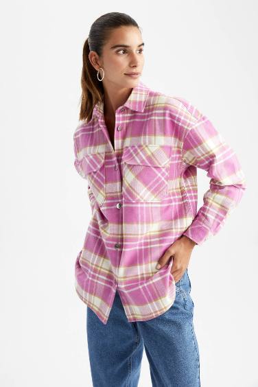 Oversize Fit Shirt Collar Flannel Long Sleeve Tunic