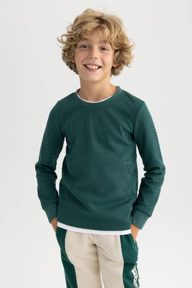 Boy Regular Fit Crew Neck Waffle Long Sleeve T-Shirt