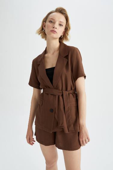 Regular Fit Belted Short Sleeve Linen Blend Blazer