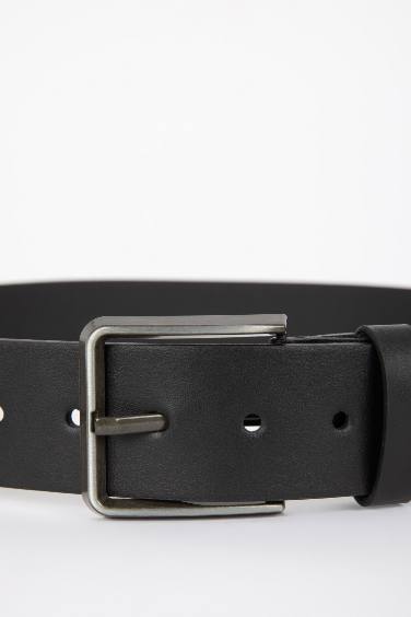 حزام رجالي جلد صناعي أسود بمشبك مستطيل