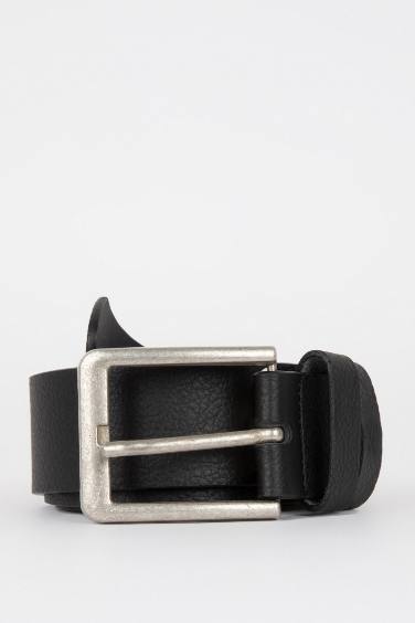 Men Faux Leather Rectangle Buckle Jean Belt