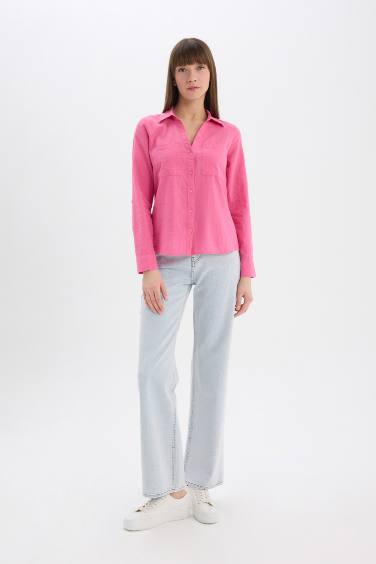 Regular Fit Basic Düz Keten Karışımlı Uzun Kollu Gömlek